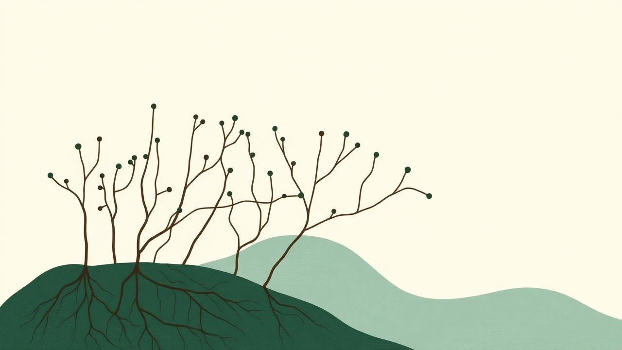 Abstract illustration of interconnected roots and small dots forming a community network.